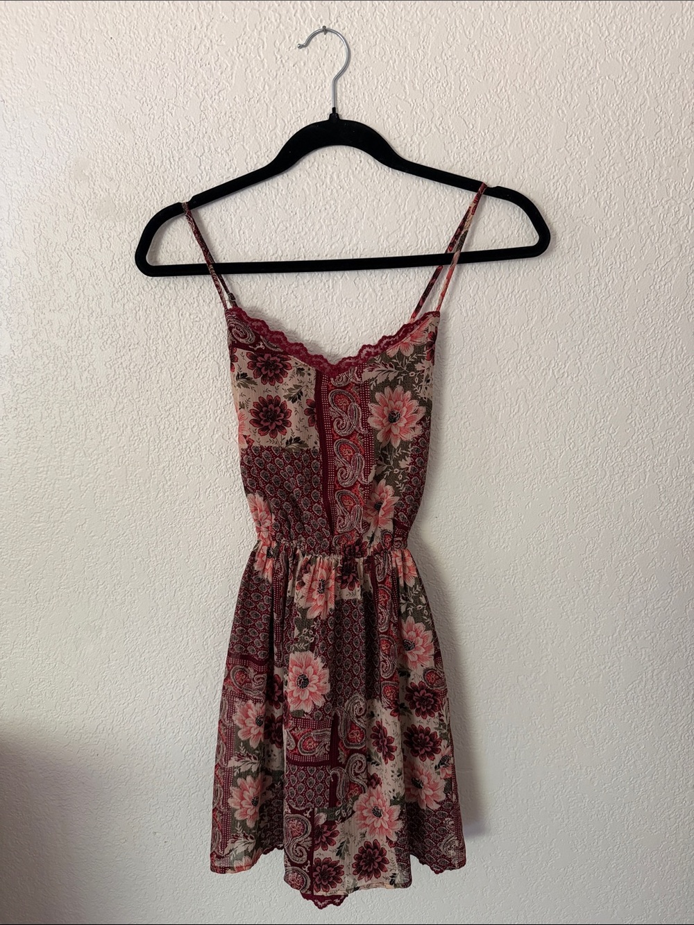 (4 for 20) Hollister Burgundy & Pink Floral Patchwork Mini Dress